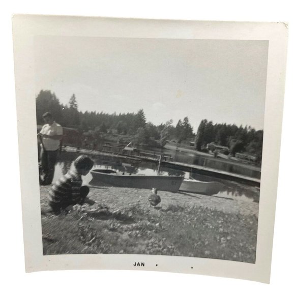 Found Photo Boy Feeding Ducks at the Lake Dad Row Boat Vintage 1940s - Picture 3 of 5